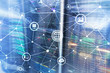 © Funtap - ICT - information and telecommunication technology and IOT - internet of things concepts. Diagrams with icons on server room backgrounds