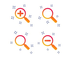 Wall Mural - Magnifier glass icons. Plus and minus zoom tool symbols. Search information signs. Random dynamic shapes. Gradient magnifier icon. Vector