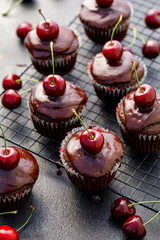 Wall Mural - Cherry-Chocolate-coffee muffins with melted dark chocolate topping with the addition of fresh cherries on on a cooling tray, on a dark background, close-up. Delicious dessert