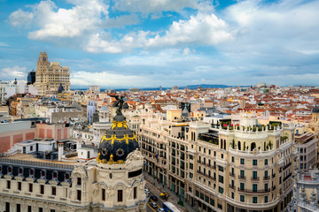 Wall Mural - Madrid panoramic aerial view of Gran Via, main shopping street in Madrid, capital of Spain, Europe.