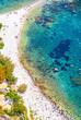 Aerial view of Isola Bella island and beach in Taormina, Sicily, Italy. Giardini-Naxos bay, Ionian sea coast. Isola Bella (Sicilian: Isula Bedda) also known as The Pearl of the Ionian Sea