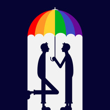 A Couple Of Men Standing Under A Rainbow Umbrella. LGBT Community Concept Poster Template