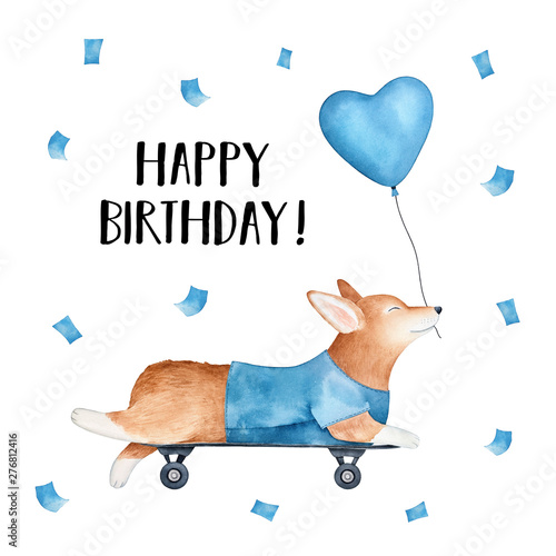 Happy Birthday Card With Pembroke Welsh Corgi Dog Riding