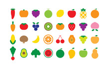 Set Of Basic Fruits And Vegetables Icons. Vector Illustration.