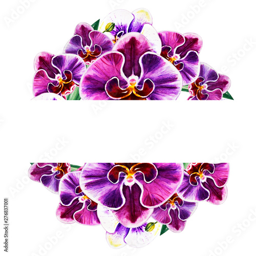 Beautiful colorful orchid text frame. Bouquet of flowers. Floral print. Marke...