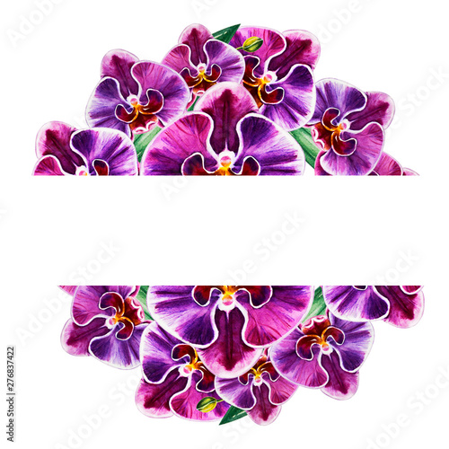 Beautiful colorful orchid text frame. Bouquet of flowers. Floral print. Marke...