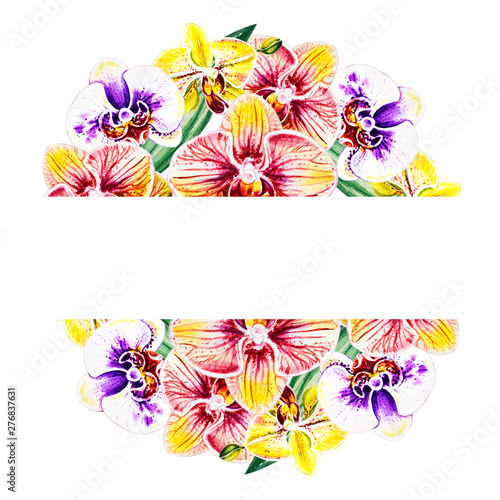 Beautiful colorful orchid text frame. Bouquet of flowers. Floral print. Marke...