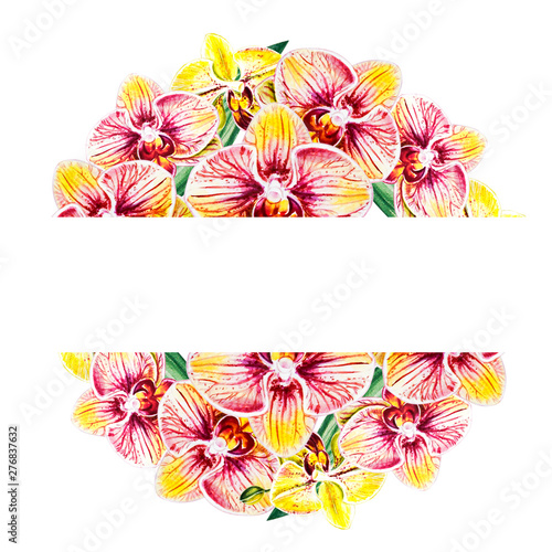 Beautiful colorful orchid text frame. Bouquet of flowers. Floral print. Marke...