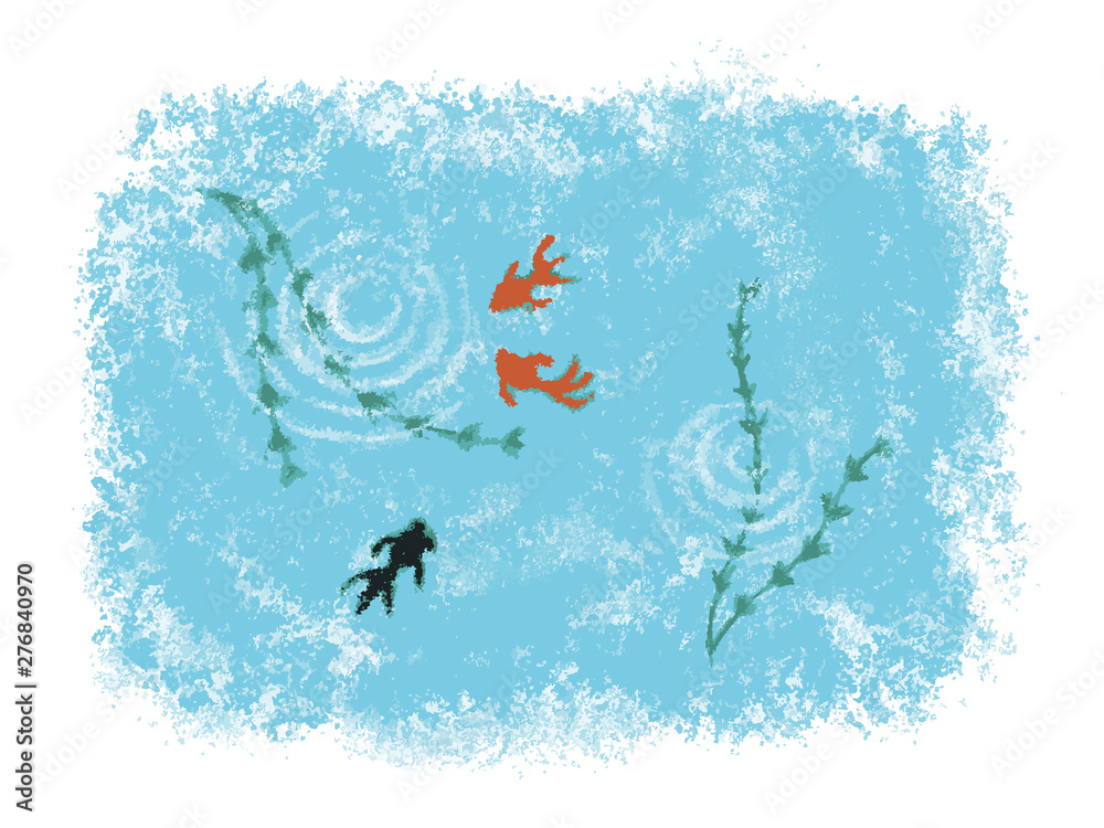 パステル画風金魚と水草の夏のイメージイラスト Wall Mural Michikodesign