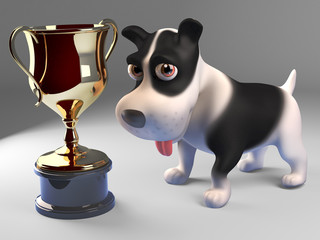 Canvas Print - Cool black and white puppy dog wins the gold cup trophy award prize, 3d illustration