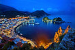 Panoramic night view of Parga town and the islet of Panagia from the Venetian castle of the town, Preveza prefecture, Epirus, Greece