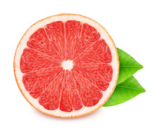 Half Of Pink Grapefruit With Leaves Isolated On White Background.