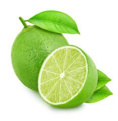 Wall Mural - Whole and halved limes isolated on white background.