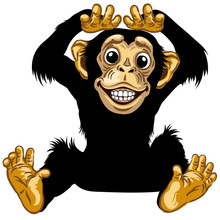 Cartoon Chimp Ape Or Chimpanzee Monkey Smiling Cheerful With A Big Smile On Face Showing Teeth. Positive And Happy Emotion. Sitting Pose. Front View. Isolated Vector Illustration