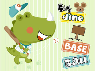 Canvas Print - dino cartoon playing baseball with little mouse