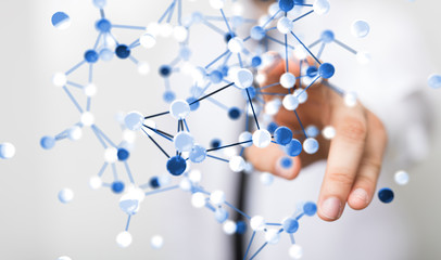 abstract futuristic - molecules technology with polygonal shapes on dark blue background.