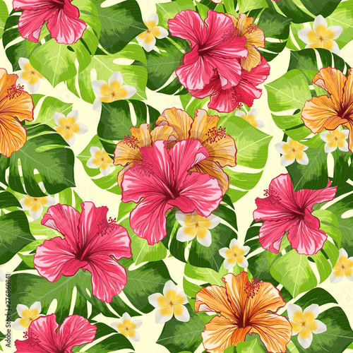 Hawaiian Hibiscus Fragrance Flower and Monstera Leaves Vector Seamless Patter...