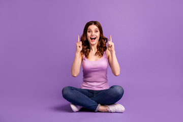 Sticker - Portrait of funny funky lovey youth ads advertise astonished impressed unbelievable unexpected news novelty sit dressed singlet modern fashionable isolated violet purple background