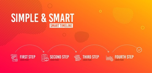 Infographic timeline. Cashback card, Settings blueprint and Parcel checklist icons simple set. Operational excellence sign. Money payment, Report document, Logistics check. Corporate business. Vector