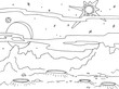 Outline drawing landscape of a planet with craters and rocks. Galaxy stars, big planet and satellite in a background