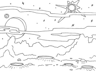 Outline drawing landscape of a planet with craters and rocks. Galaxy stars, big planet and satellite in a background