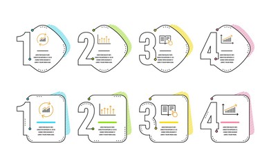 Wall Mural - Read instruction, Update data and Growth chart icons simple set. Chart sign. Opened book, Sales statistics, Upper arrows. Science set. Infographic timeline. Line read instruction icon. Vector