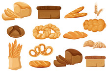 Bakery Set Vector. Bread, Pretzel, Croissant. Front View Detailed Illustrations