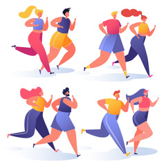 Summer outdoor sports activities. Vector illustration with couples of people characters running, doing workout outside. Flat, cartoon, trendy, healthy lifestyle concept, sports theme.