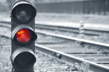 Traffic Light Shows Red Signal On Railway. Red Light