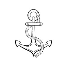 Anchor With Rope Black Ink Vector Illustration. Sea Boat, Yacht, Ship Safety Equipment Sketch. Ancient Anchor Vintage Engraving. Marine Adventure Symbol. Sailing Club Logo, Poster Design Element