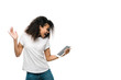 © LIGHTFIELD STUDIOS - happy african american girl looking at digital tablet and gesturing isolated on white