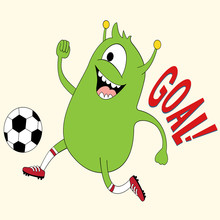 Cute Soccer Monster Print For T-shirts, Textiles, Paper, Web. Original Design With Sport Monster. Grunge Design For Boys And Girls. Monsters Athletes Involved In Sports. Green Doodle Soccer Player