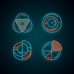 Poster - Diagrams neon light icons set. Data graphic visualization. Statistical analysis. Symbolic representation of information. Marketing analysis. Math, logic. Glowing signs. Vector isolated illustrations