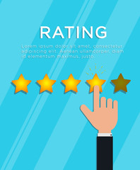 Customer review concept. Hand finger puts 4 out of 5 star rating. Online feedback, support service quality, survey or testimonial. Flat style vector illustration