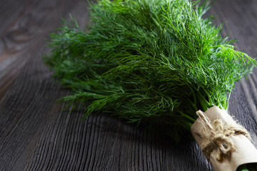 Bunch of fresh dill and spices on dark wooden background.