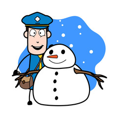 Wall Mural - Standing with Snowman - Retro Postman Cartoon Courier Guy Vector Illustration