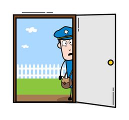 Wall Mural - Scared after See Inside The House - Retro Postman Cartoon Courier Guy Vector Illustration
