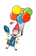 Wall Mural - Holding Balloons and Jumping in Excitement - Retro Postman Cartoon Courier Guy Vector Illustration