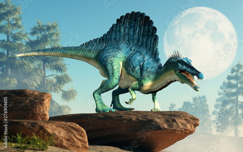 Fotografia  A spinosaurus on a cliff by the moon