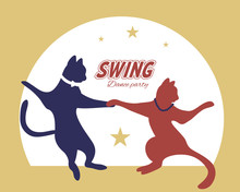 Swing Dance Couplesilhouette Of Cats  With Stars And Circle On Background. 1940s And 1930s Style. Flat Vector Illustration.