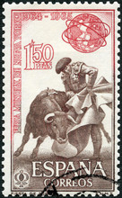 SPAIN - 1964: Shows Fighting With Cape, Bullfight And Unisphere, Corrida, New York World Fair, 1964-65