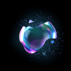 Bursting soap bubbles process stage vector illustration, realistic transparent exploding air spheres of rainbow colors with reflections and highlights, isolated on black background
