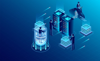 Datacenter server room cloud storage technology and big data processing Protecting data security concept. digital information. isometric. dark neon vector