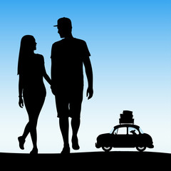 Sticker - Two lovers walk on beach. Vector illustration with silhouette of loving couple and cartoon retro car. Family road trip. Blue pastel background.