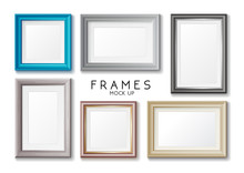 Realistic Rectangular Gold And Blue Frames Set Template, Frames On The Wall Mockup With Decorative Borders