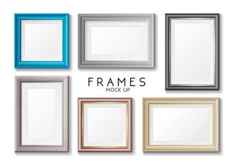 Realistic rectangular gold and blue frames set template, frames on the wall mockup with decorative borders