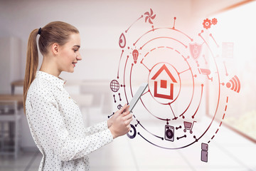 Blonde woman in kitchen, smart home interface