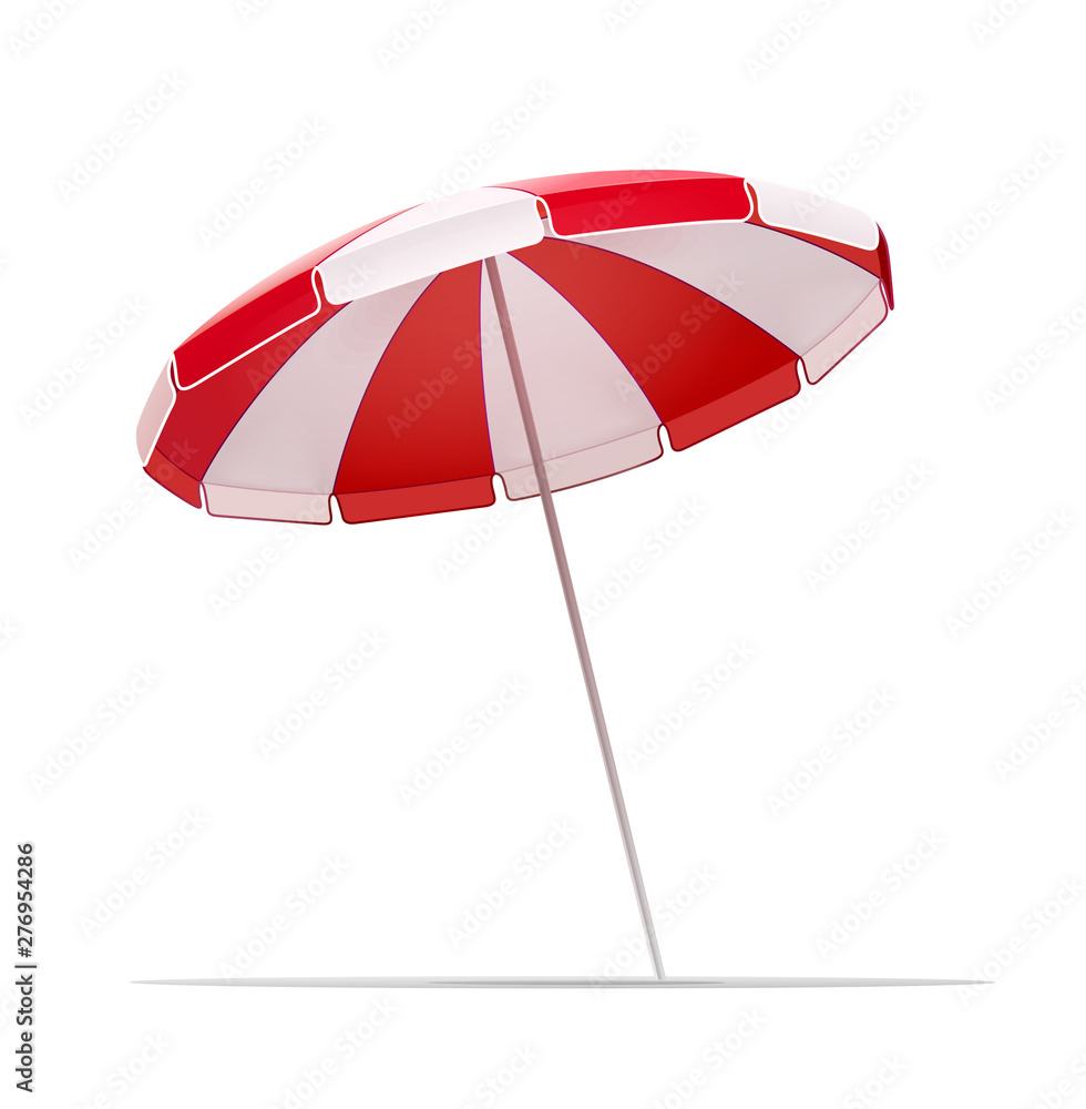 Beach sunshade for summer rest. Striped Sun umbrella. Vacation accessory. Summertime relax. Relaxation equipment. Isolated on white background. Eps10 vector illustration. - obrazy, fototapety, plakaty 