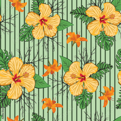 beautiful tropical flower with branches and leave seamless pattern