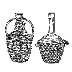 Set of two braided bottles. Sketch. Engraving style. Vector illustration.